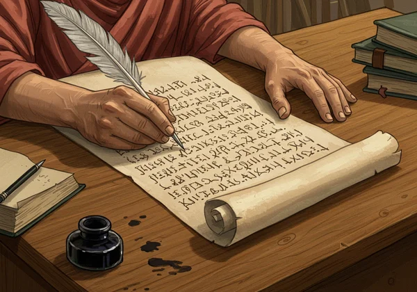 Ancient scribe writing on a scroll with early cursive script.