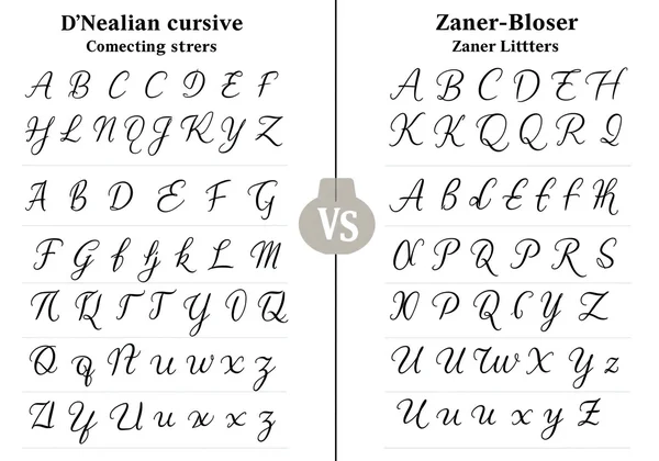 Side-by-side comparison of D’Nealian and Zaner-Bloser cursive.
