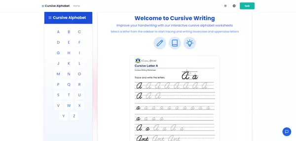 草书字母网站首页展示学习资源和各种功能。