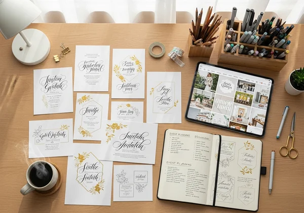 Person brainstorming cursive invitation design on a desk