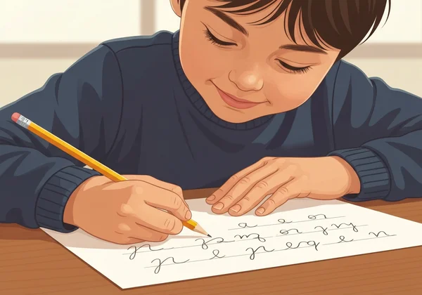 Child happily practicing cursive handwriting at a desk
