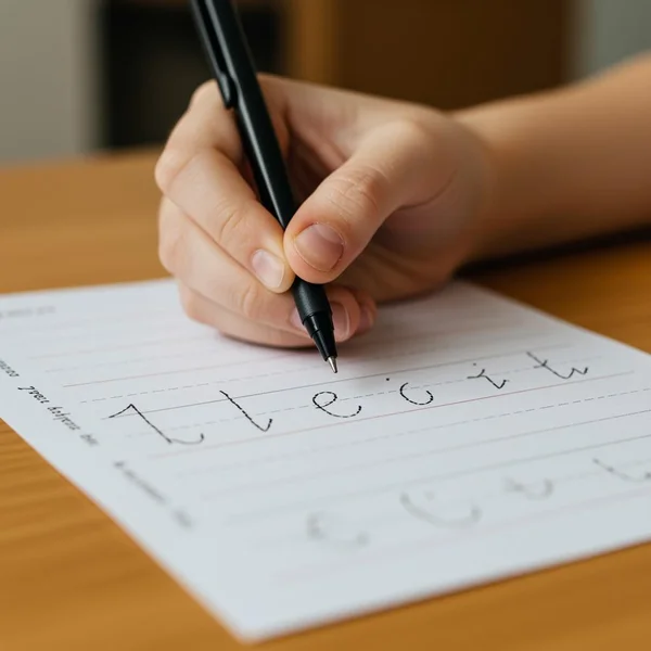 Hand practicing cursive writing on printable worksheet