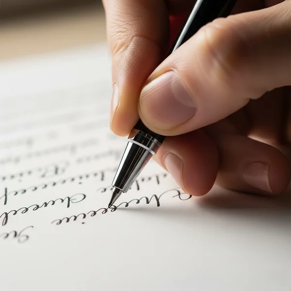 Hand writing cursive slowly and deliberately for neatness