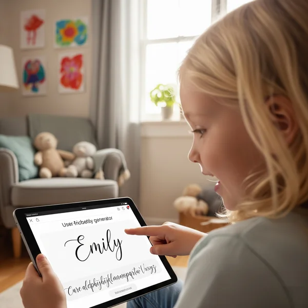 Child looking at their name in cursive on a tablet screen