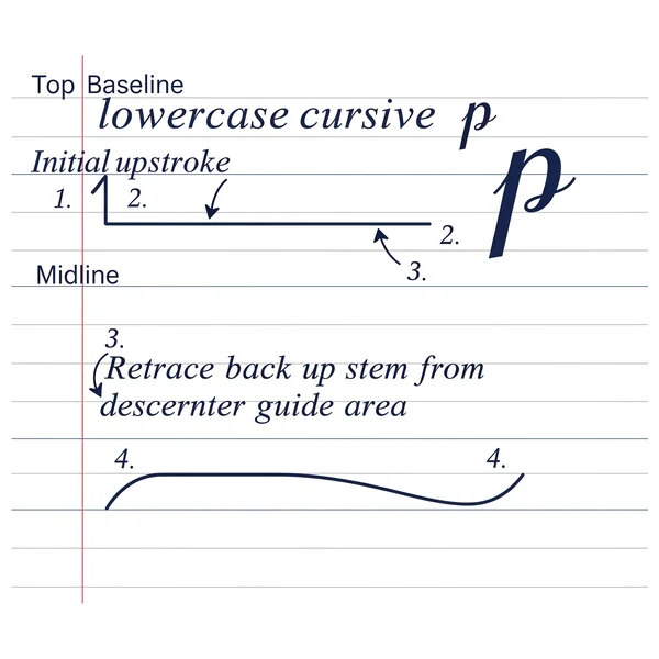 Step-by-step diagram for how to write p cursive