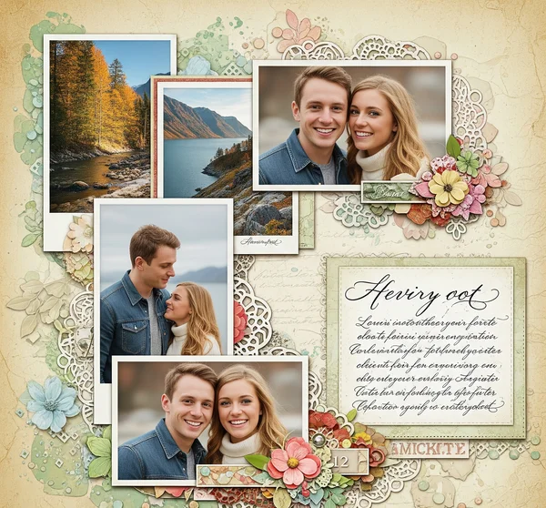 Digital scrapbook page with cursive text and photos