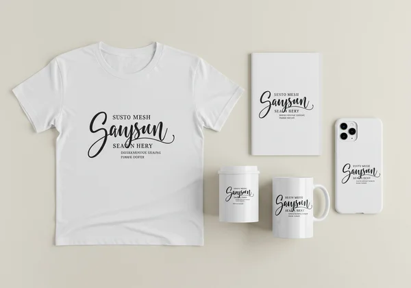 Custom merchandise with cursive slogan on t-shirt.