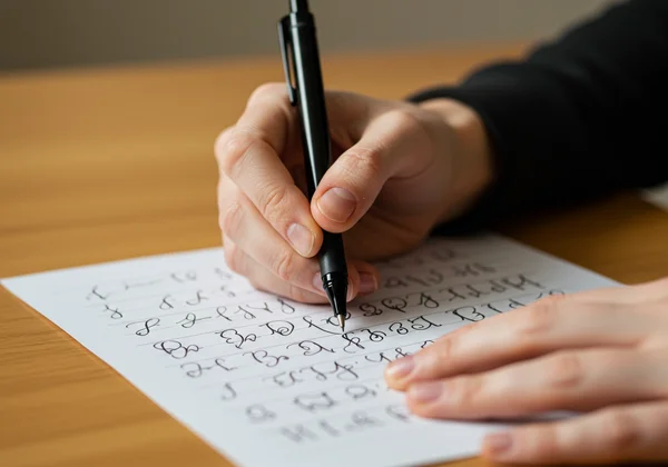 Hand tracing cursive letters from a printed guide.