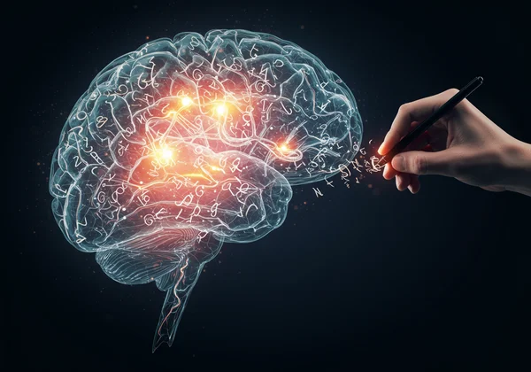 Brain with glowing neural pathways from cursive writing