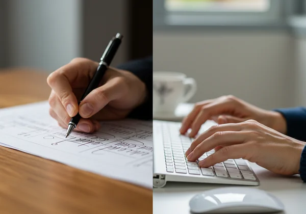 Hand writing cursive next to hands typing on a keyboard.