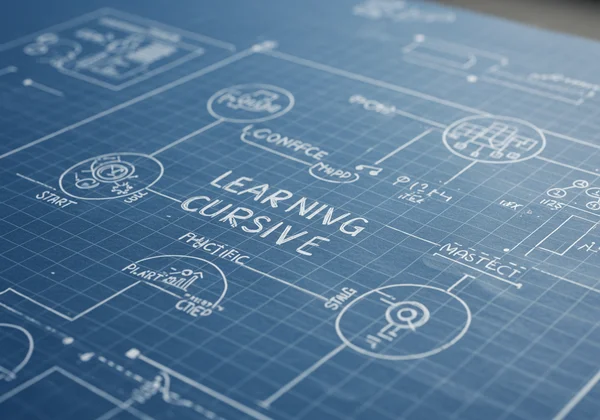 Blueprint showing a structured plan for learning cursive