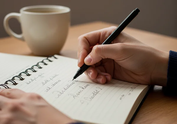 Hand practicing cursive writing daily on a notebook