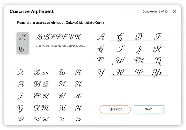 Screenshot of a cursive alphabet online quiz interface
