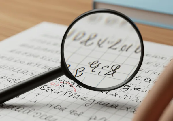Magnifying glass over cursive letters, highlighting errors