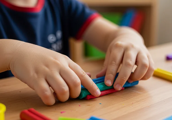 Child's hands playing with colorful clay for motor skills.