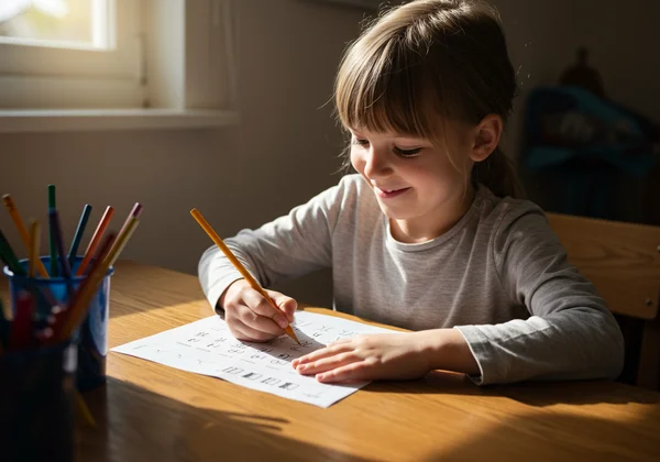 A child smiling while practicing cursive handwriting.