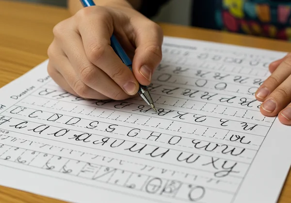 person practicing cursive on a worksheet