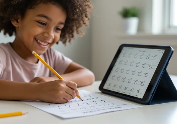 Child practicing cursive on a worksheet with online resources.