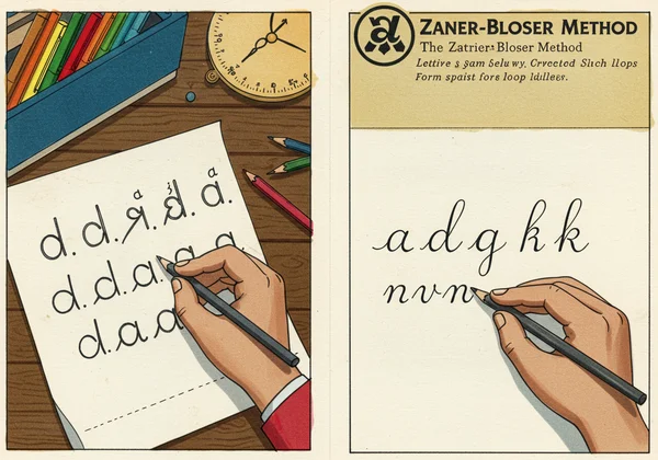 Zaner-Bloser vertical print and distinct traditional cursive.
