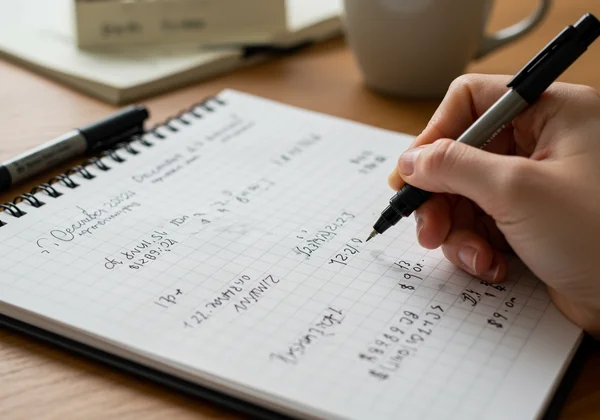 Hand writing dates, addresses, prices in cursive.
